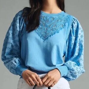 Pilcro Anthropologie blue washed eyelet sleeves sweatshirt feminine size XS